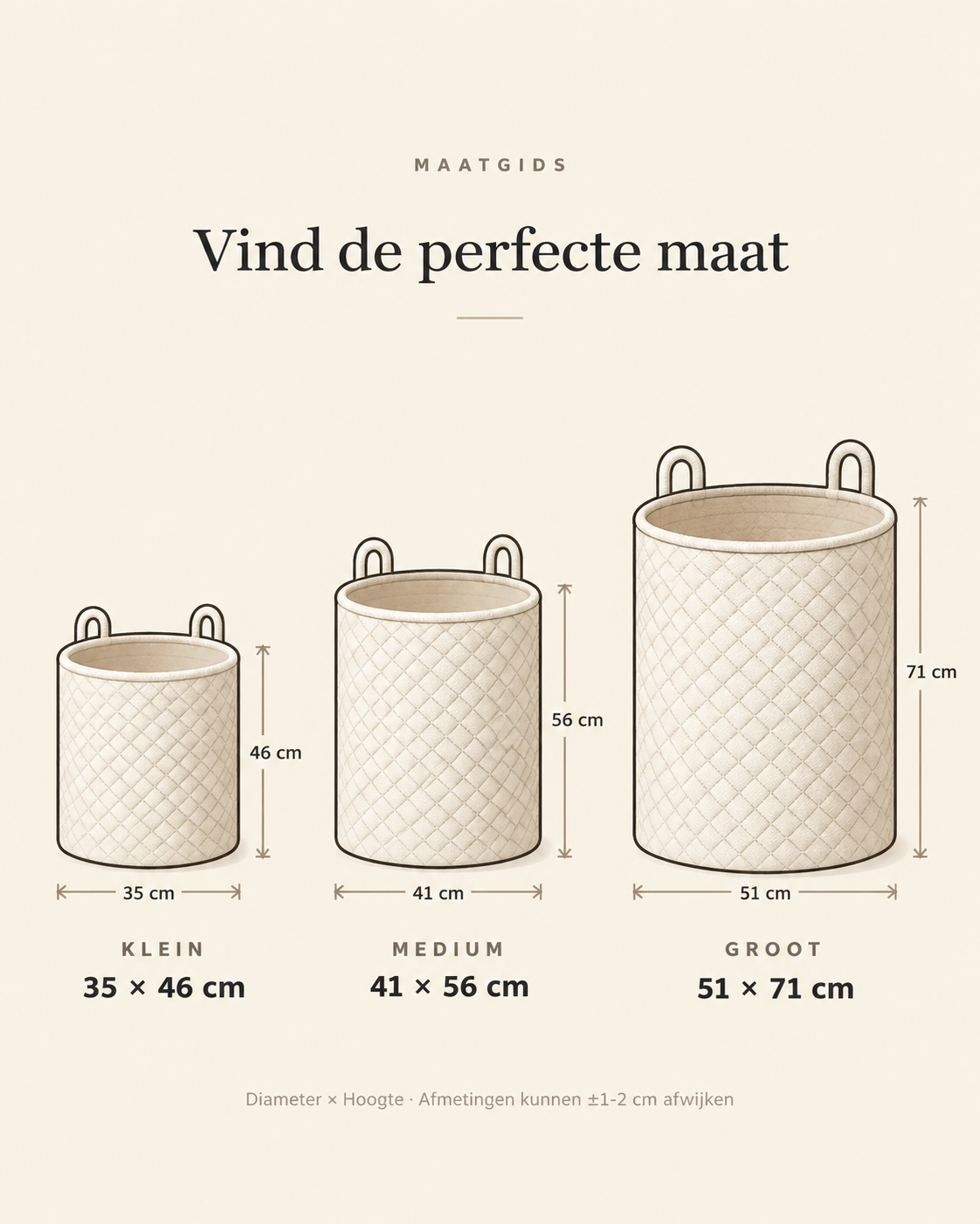 Maatgids wasmanden: klein 35 x 46 cm, medium 41 x 56 cm, groot 51 x 71 cm