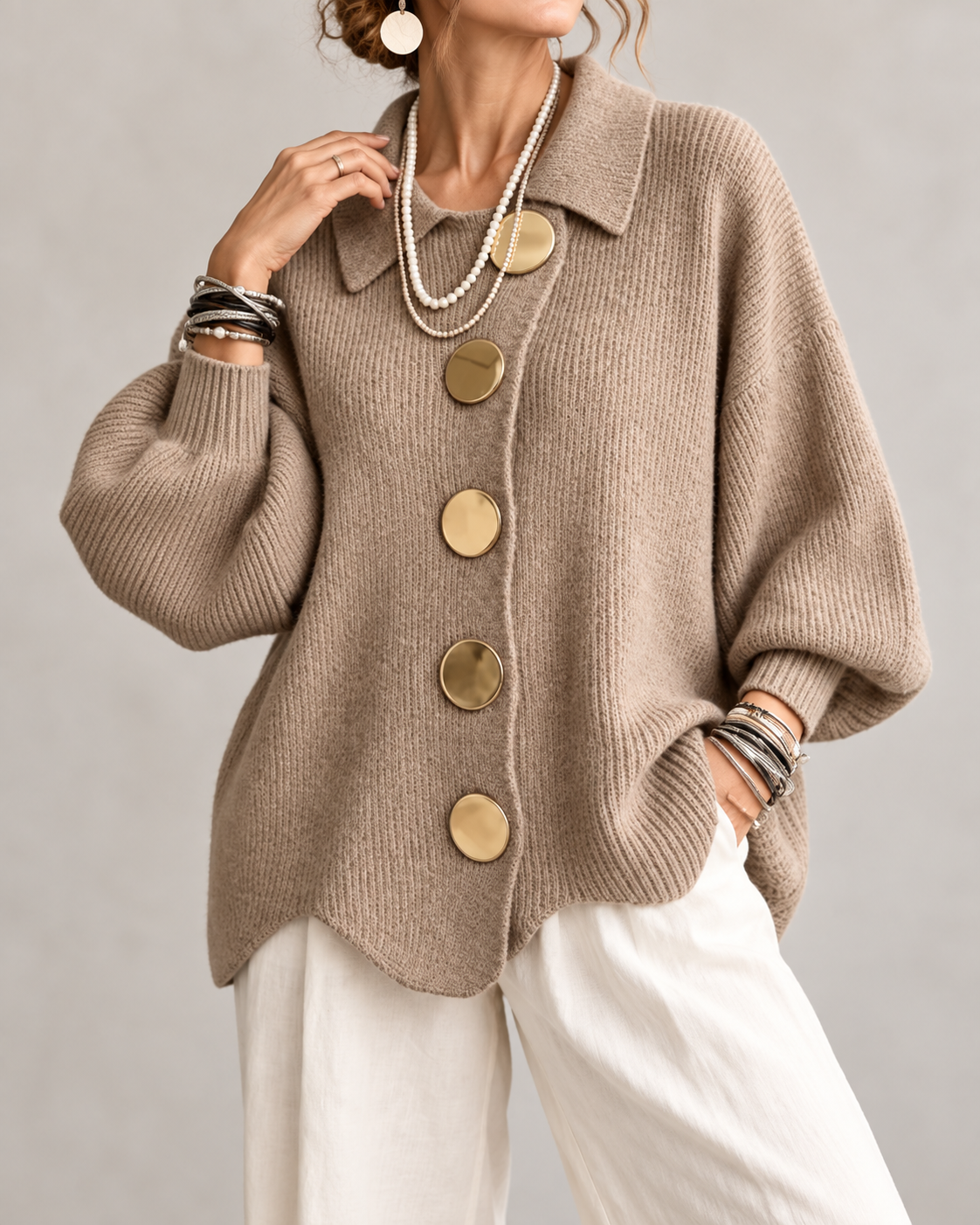 Stefania™ | Oversized Gebreid Vest met Kraag en Statementknopen
