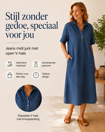 Édith™ | Buikbedekkende Denim Blouse Midi Jurk