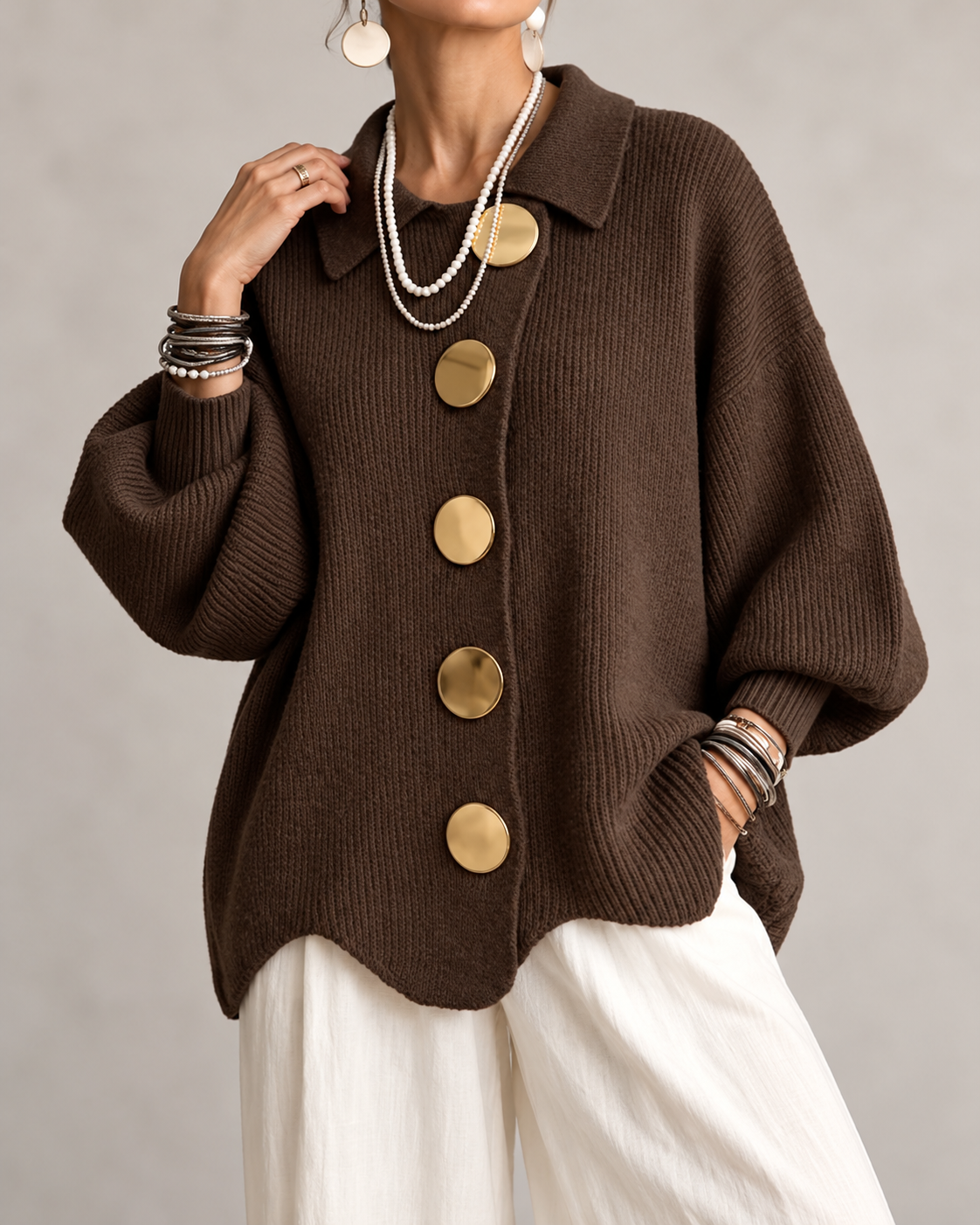 Stefania™ | Oversized Gebreid Vest met Kraag en Statementknopen