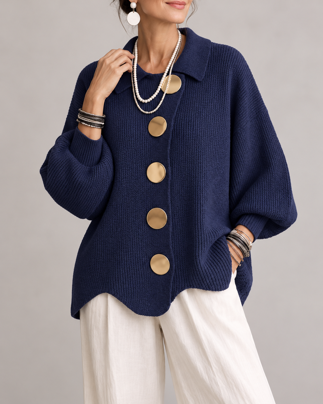 Stefania™ | Oversized Gebreid Vest met Kraag en Statementknopen