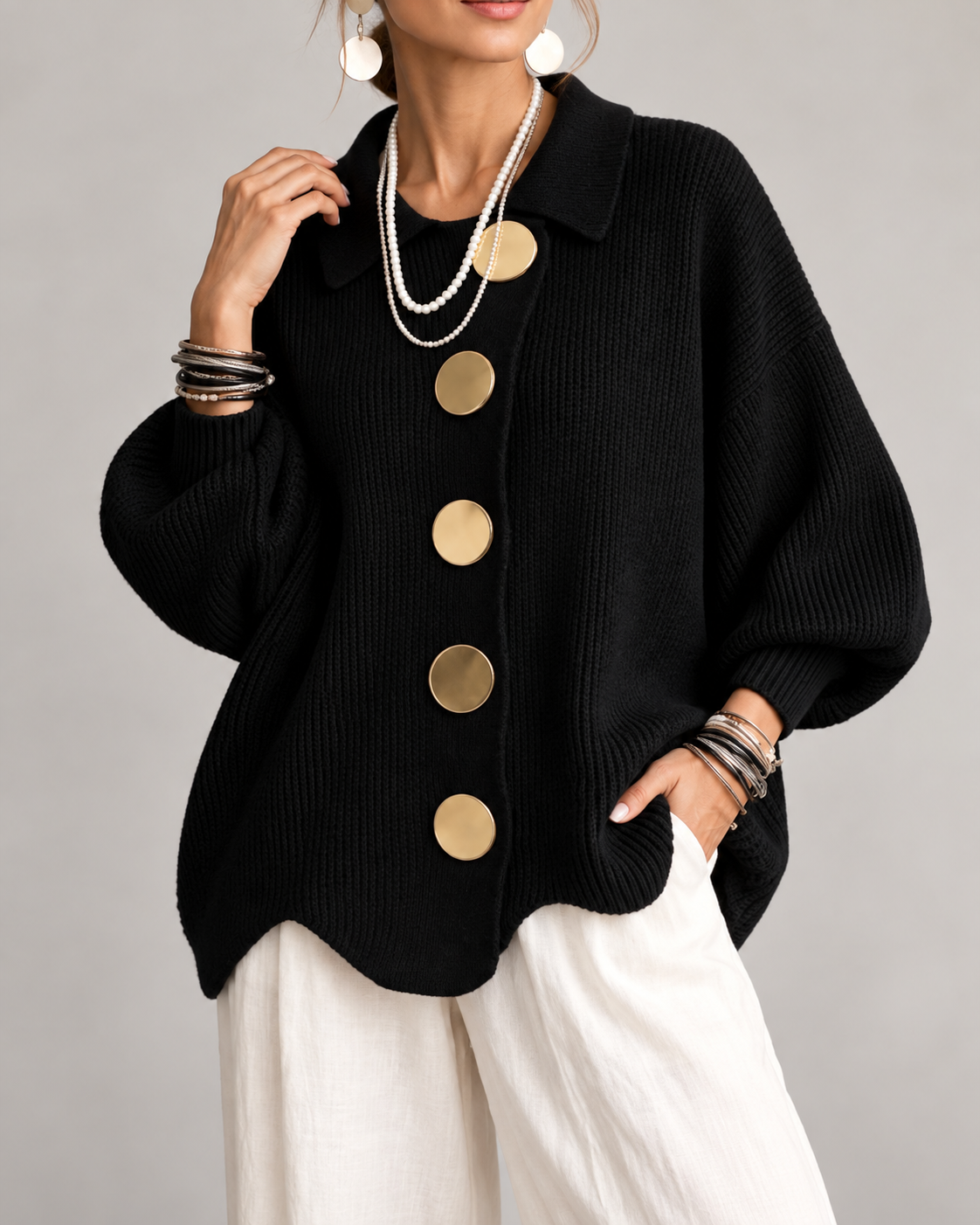 Stefania™ | Oversized Gebreid Vest met Kraag en Statementknopen
