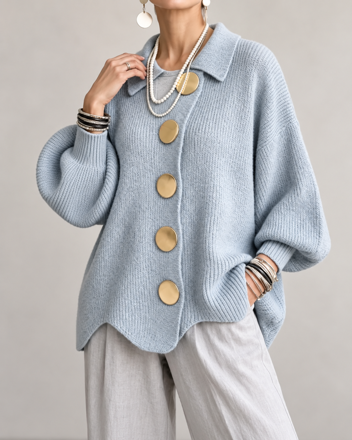 Stefania™ | Oversized Gebreid Vest met Kraag en Statementknopen