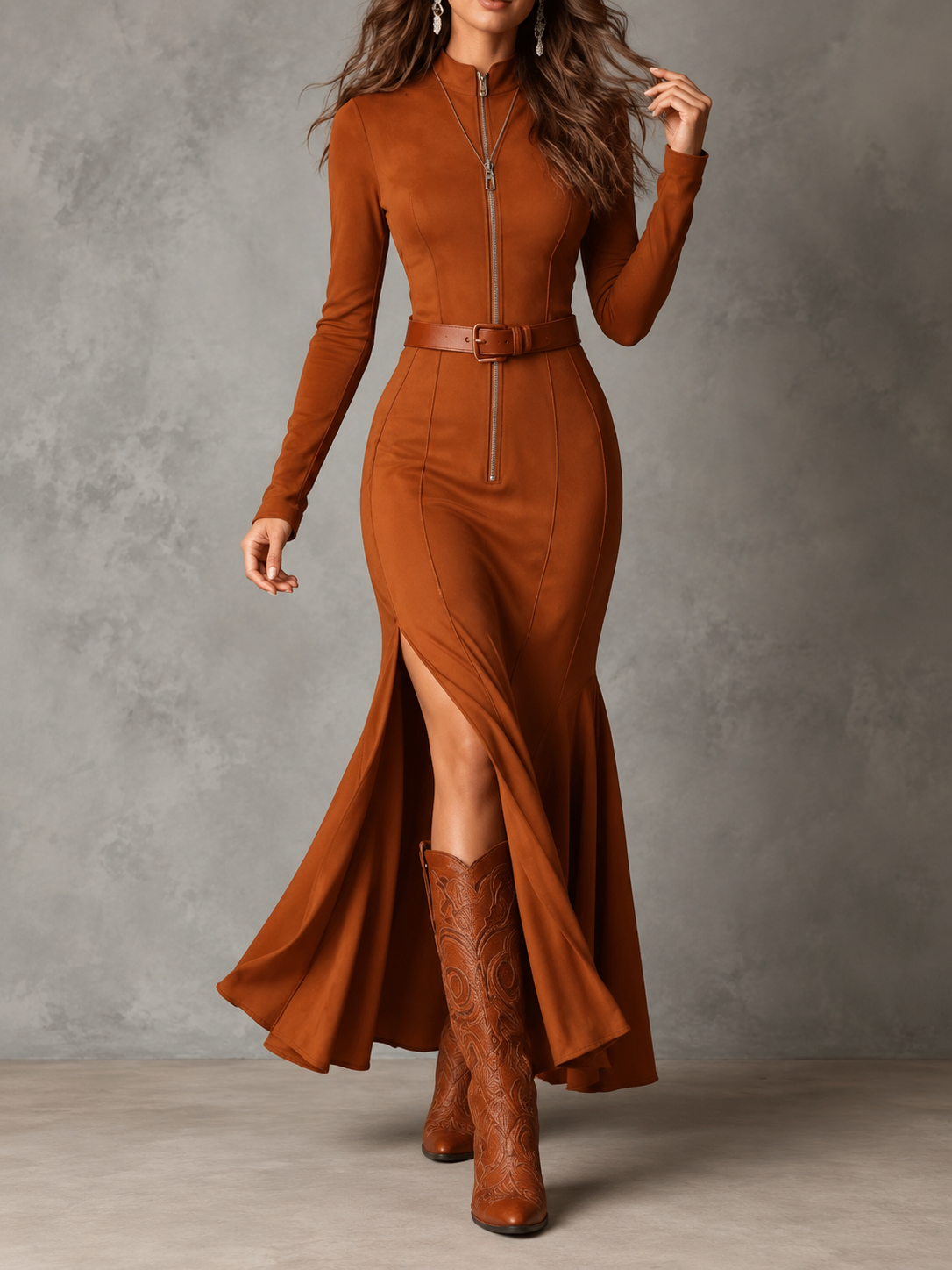 Marcella™ | Suède-Look Maxi Jurk met Ceintuur