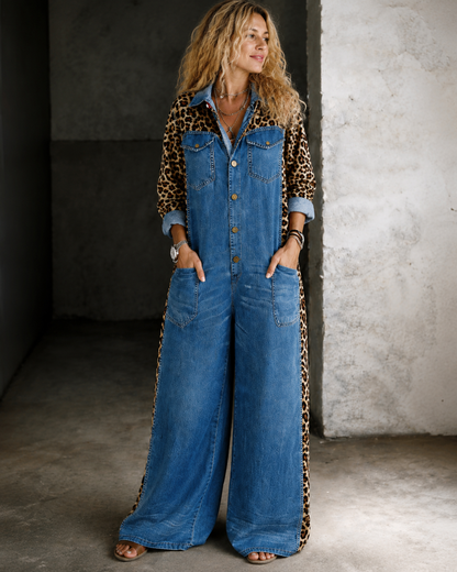 Aven™ | Denim-Look Jumpsuit Met Luipaardprint