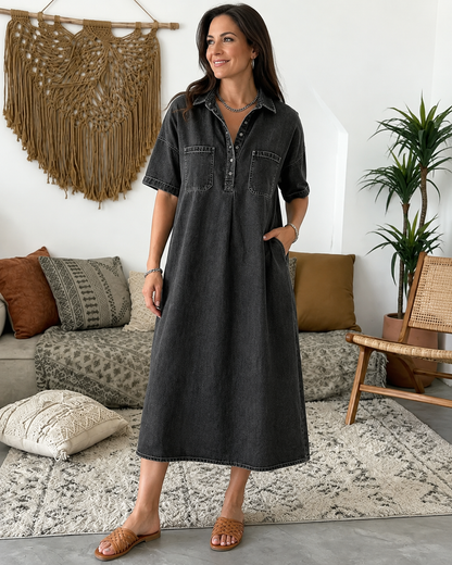 Édith™ | Buikbedekkende Denim Blouse Midi Jurk