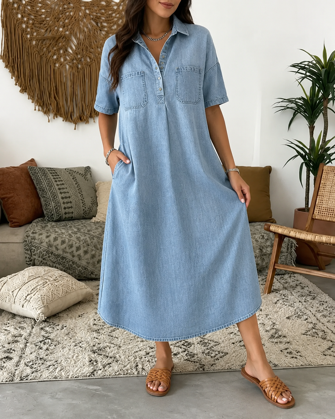 Édith™ | Buikbedekkende Denim Blouse Midi Jurk