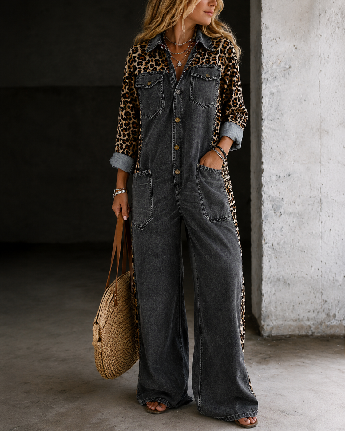 Aven™ | Denim-Look Jumpsuit Met Luipaardprint