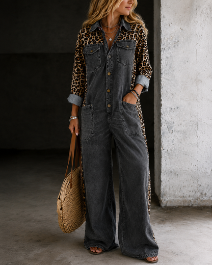Aven™ | Denim-Look Jumpsuit Met Luipaardprint