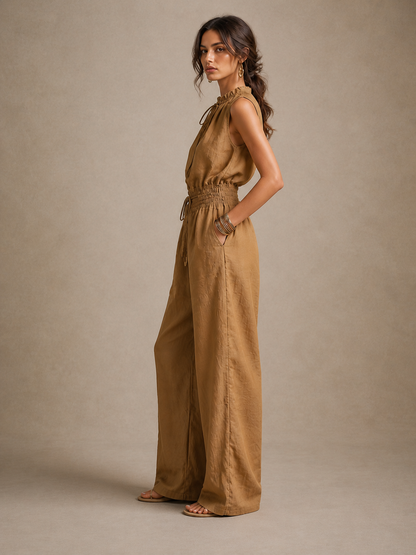 Pauline™ | Linnen Jumpsuit Met Halternek En Wijde Pijpen
