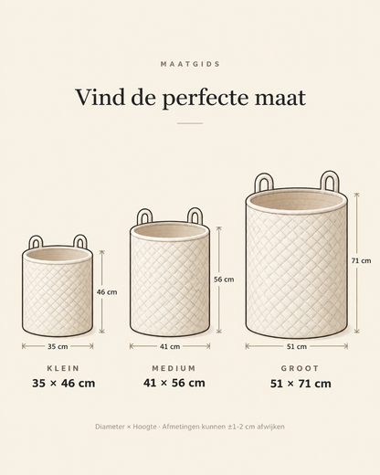 Maatgids wasmanden: klein 35 x 46 cm, medium 41 x 56 cm, groot 51 x 71 cm