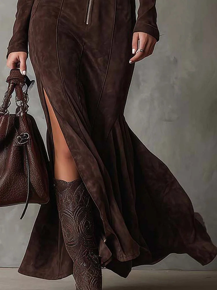 Marcella™ | Suède-Look Maxi Jurk met Ceintuur