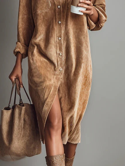 Elin™ | Elegante Buikbedekkende Ribfluwelen Midi Jurk