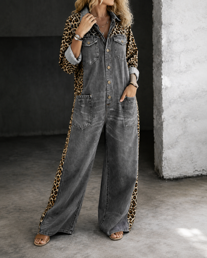 Aven™ | Denim-Look Jumpsuit Met Luipaardprint