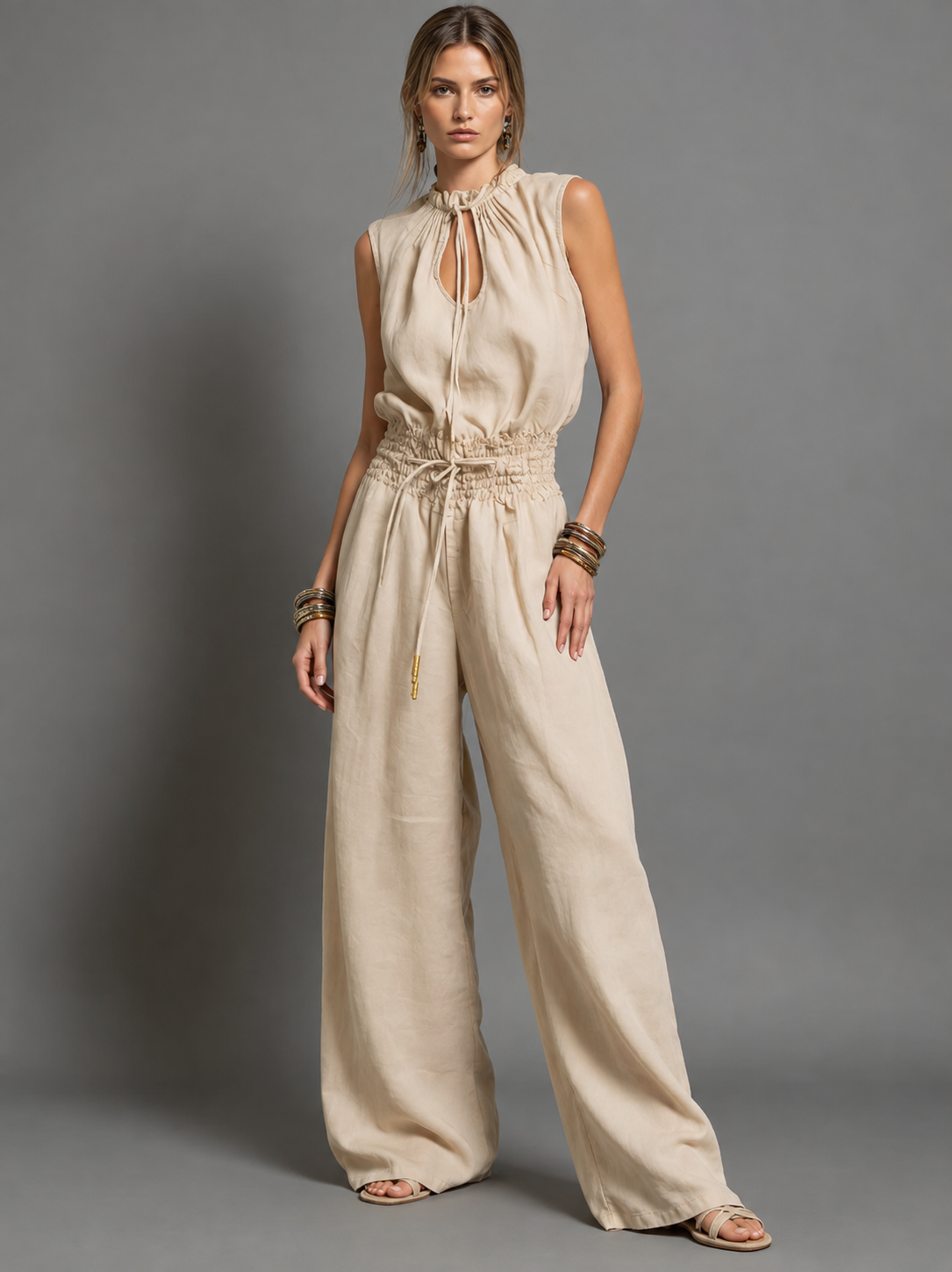 Pauline™ | Linnen Jumpsuit Met Halternek En Wijde Pijpen
