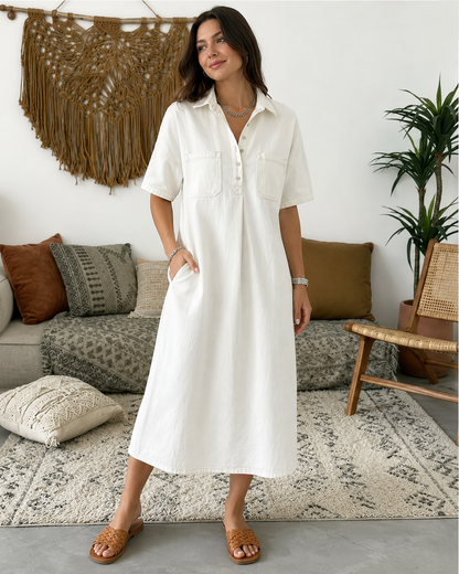 Édith™ | Buikbedekkende Denim Blouse Midi Jurk