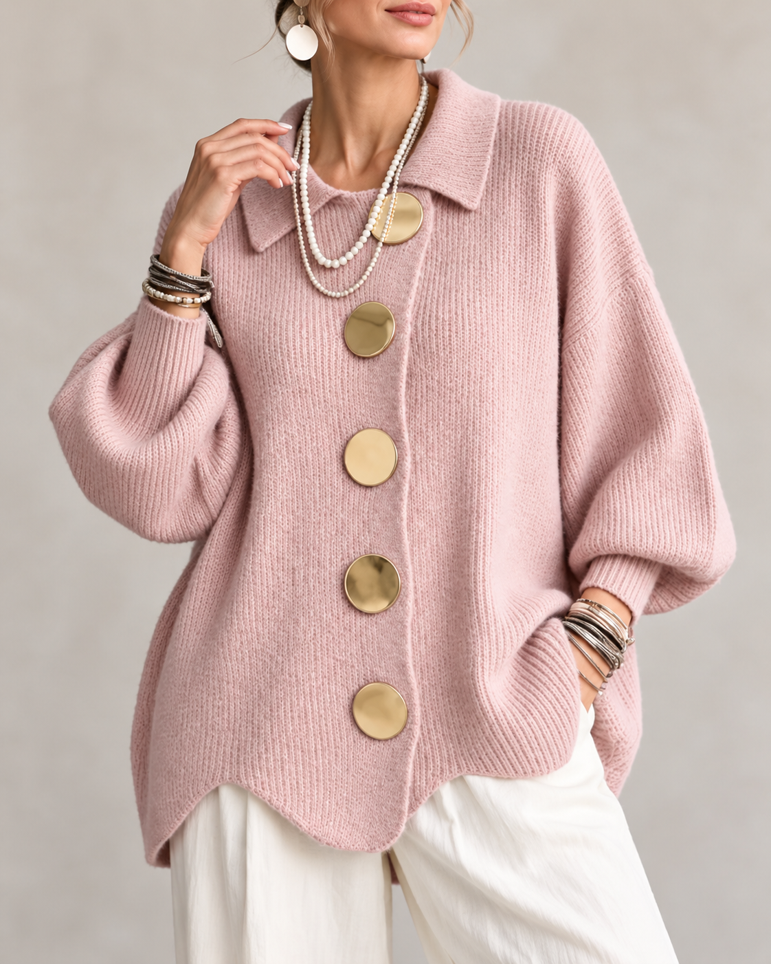 Stefania™ | Oversized Gebreid Vest met Kraag en Statementknopen