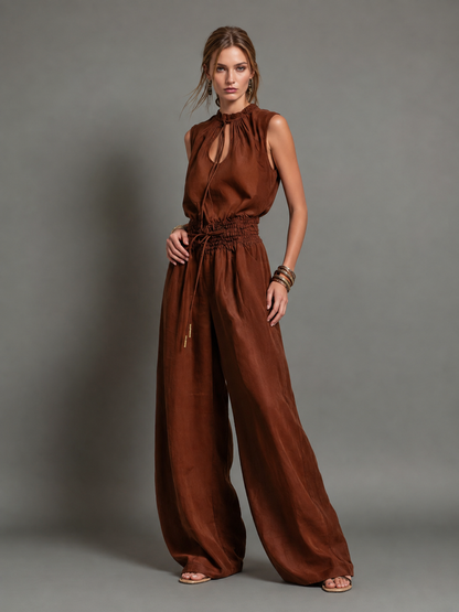 Pauline™ | Linnen Jumpsuit Met Halternek En Wijde Pijpen