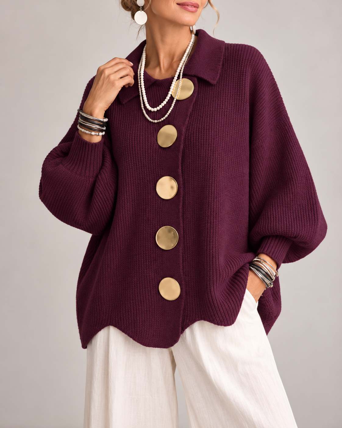 Stefania™ | Oversized Gebreid Vest met Kraag en Statementknopen