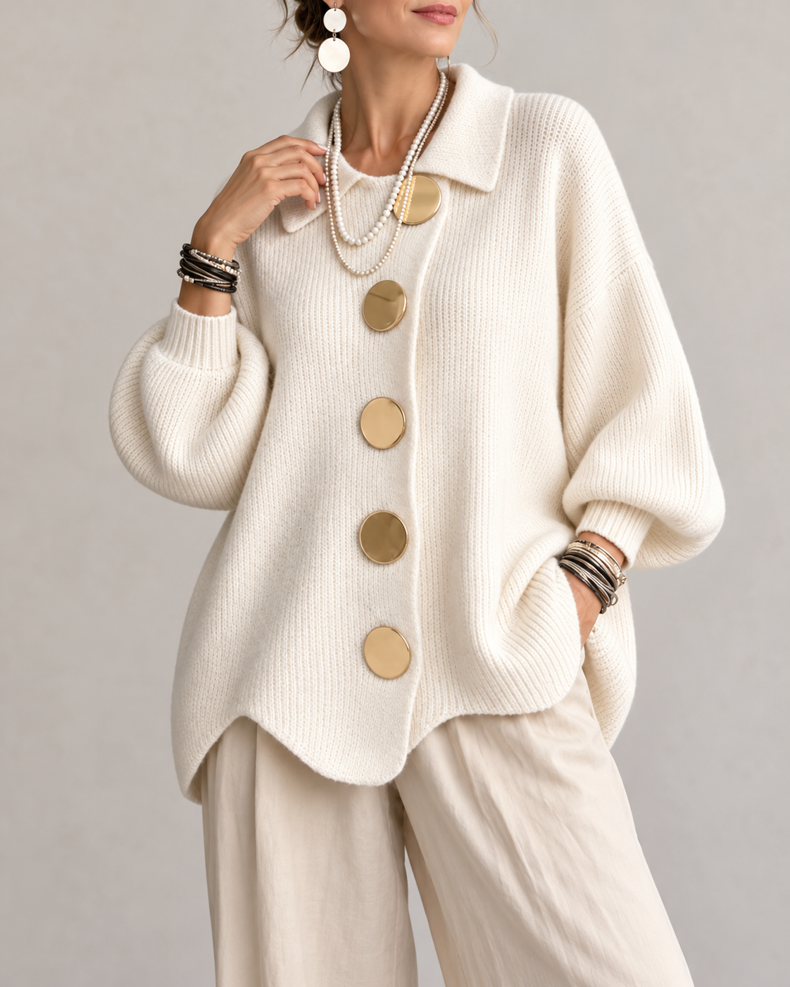 Stefania™ | Oversized Gebreid Vest met Kraag en Statementknopen