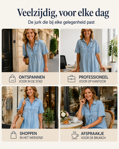 Édith™ | Buikbedekkende Denim Blouse Midi Jurk