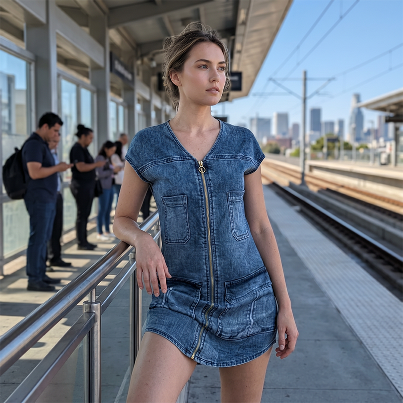 Linda™ | Buikbedekkende Denim-Look Mini Jurk Met Rits